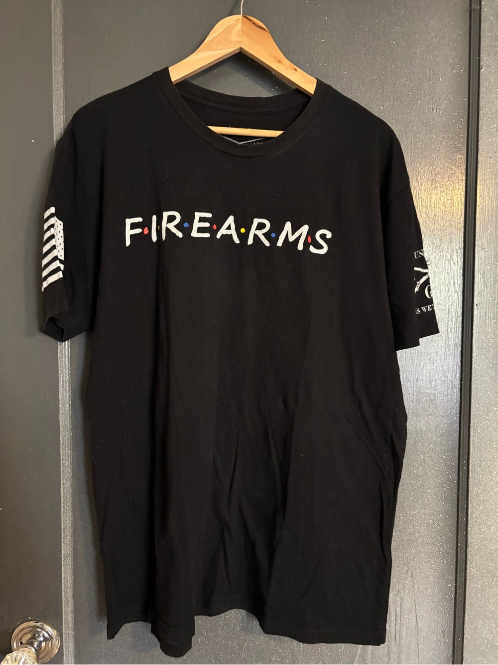 Grunt Style Black 'FIREARMS' Graphic Tee with Multicolor Dots